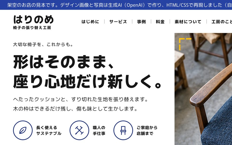 見本のページの最初の画面。いちばん上に「架空のお店の見本です」の帯がある
